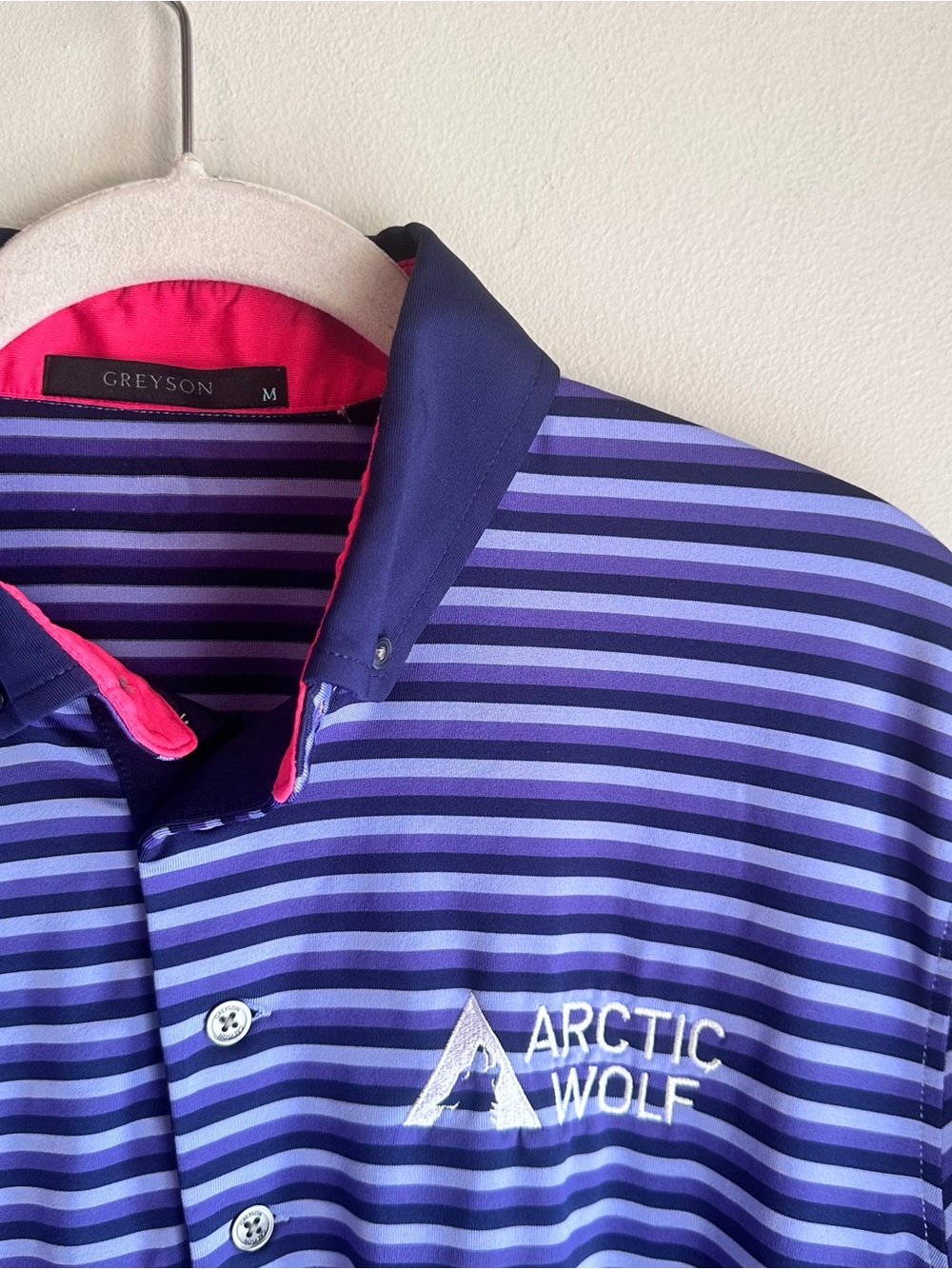 Greyson Blue Purple Striped Golf Performance Polo Shirt LOGO
